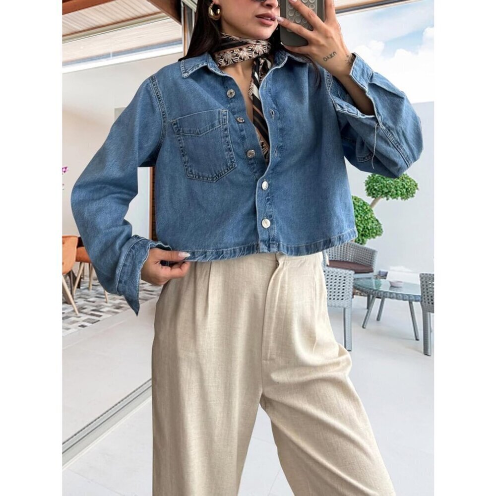 Women's Crop Jean Denim Jackets Button Down Long Sleeve Jacket Coat Blue-b - Picture 3 of 7